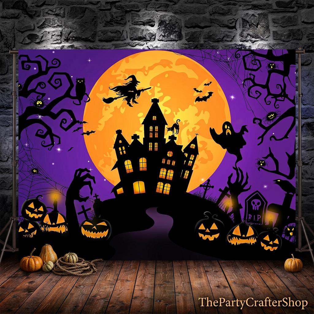 Purple Haunted Castle Halloween Backdrop, Moon Night Party Banner (7x5ft)