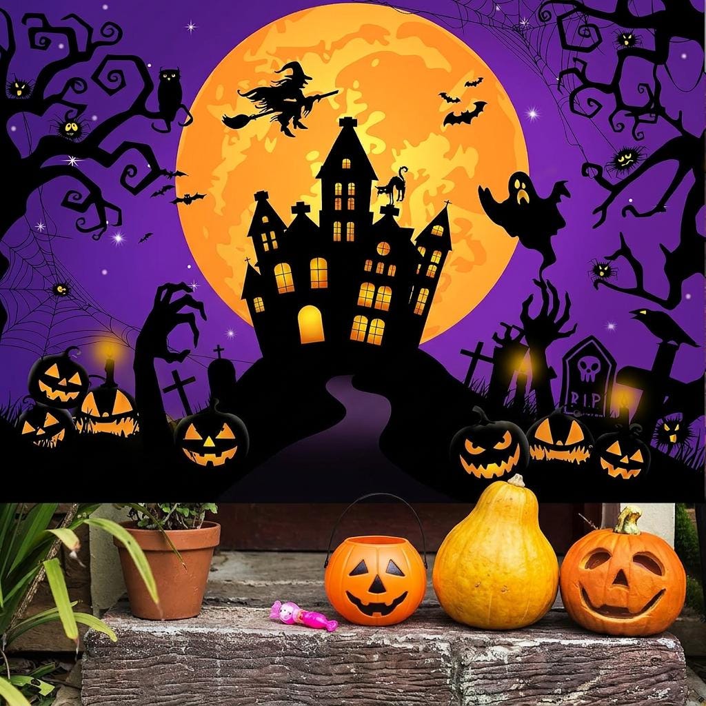 Purple Haunted Castle Halloween Backdrop, Moon Night Party Banner (7x5ft)
