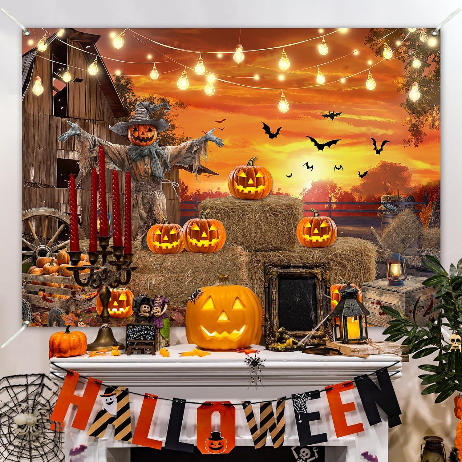 Halloween Scarecrow Pumpkin Backdrop, 7x5ft Polyester Photo Booth Wall Decor