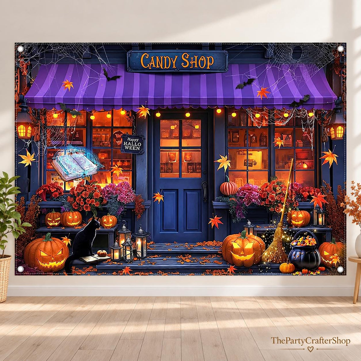 Halloween Candy Shop Backdrop, Pumpkin Lantern Night Banner (7x5ft)