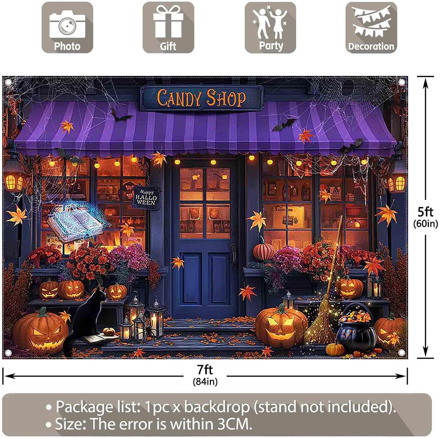 Halloween Candy Shop Backdrop, Pumpkin Lantern Night Banner (7x5ft)
