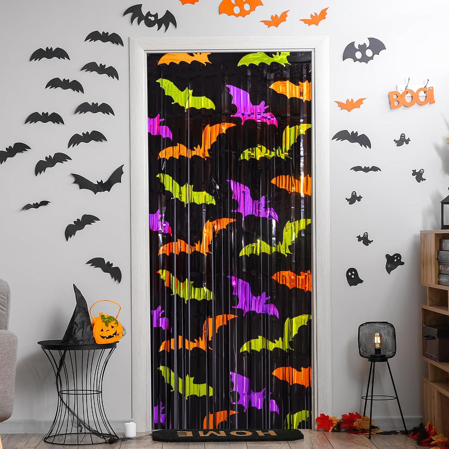 2 Pack Halloween Bat Photo Backdrop, Metallic Foil Fringe Curtains (3.3 x 6.6 ft)