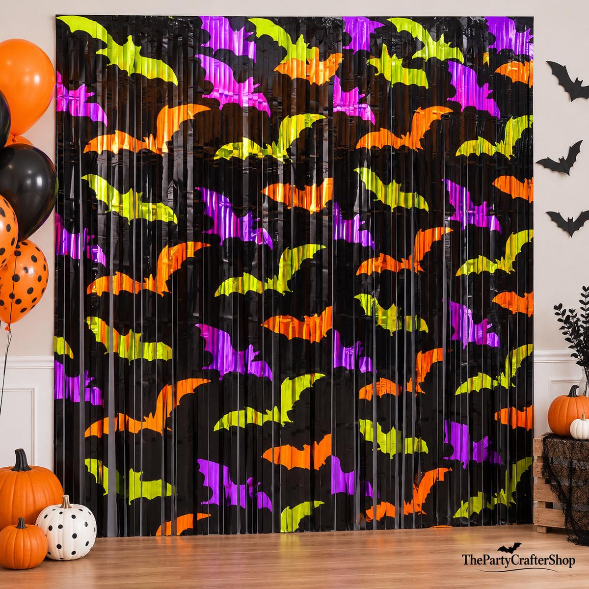 2 Pack Halloween Bat Photo Backdrop, Metallic Foil Fringe Curtains (3.3 x 6.6 ft)