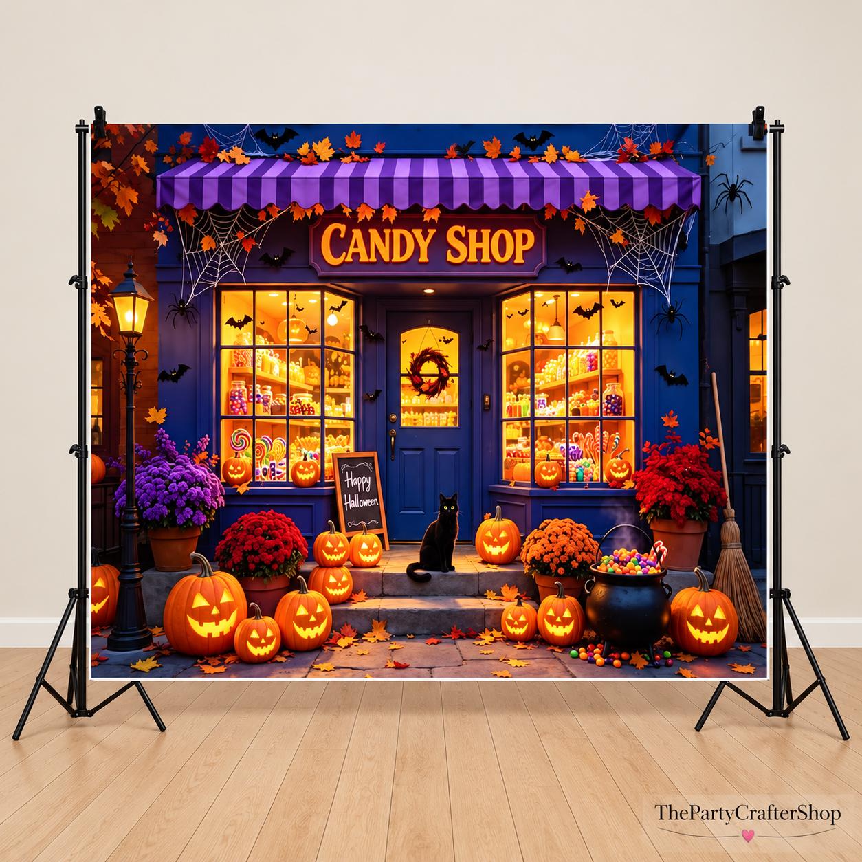 10x8ft Halloween Candy Shop Backdrop, Pumpkin Lamps, Black Cat Vinyl Photo Background