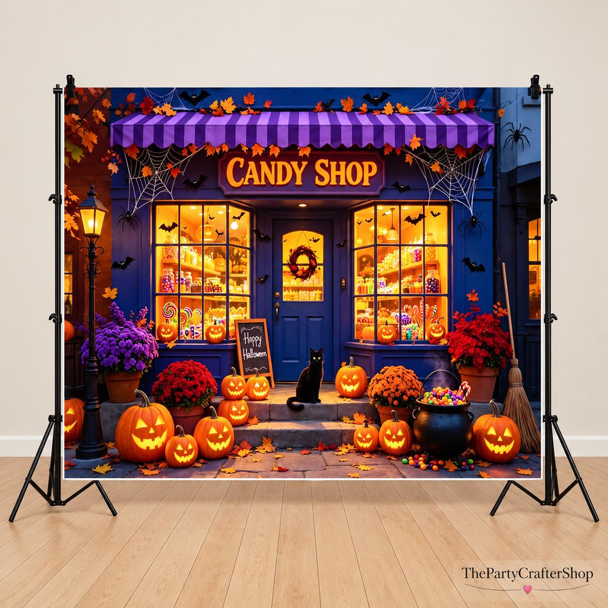 10x8ft Halloween Candy Shop Backdrop, Pumpkin Lamps, Black Cat Vinyl Photo Background