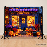 10x8ft Halloween Candy Shop Backdrop, Pumpkin Lamps, Black Cat Vinyl Photo Background