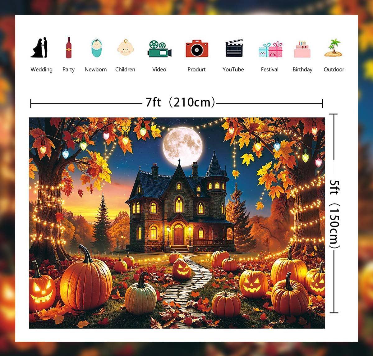 Spooky Halloween Backdrop, Haunted House, Full Moon, Pumpkins (7x5ft)
