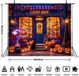 10x8ft Halloween Candy Shop Backdrop, Black Cat Pumpkin Lantern Store Photo Background (Vinyl)