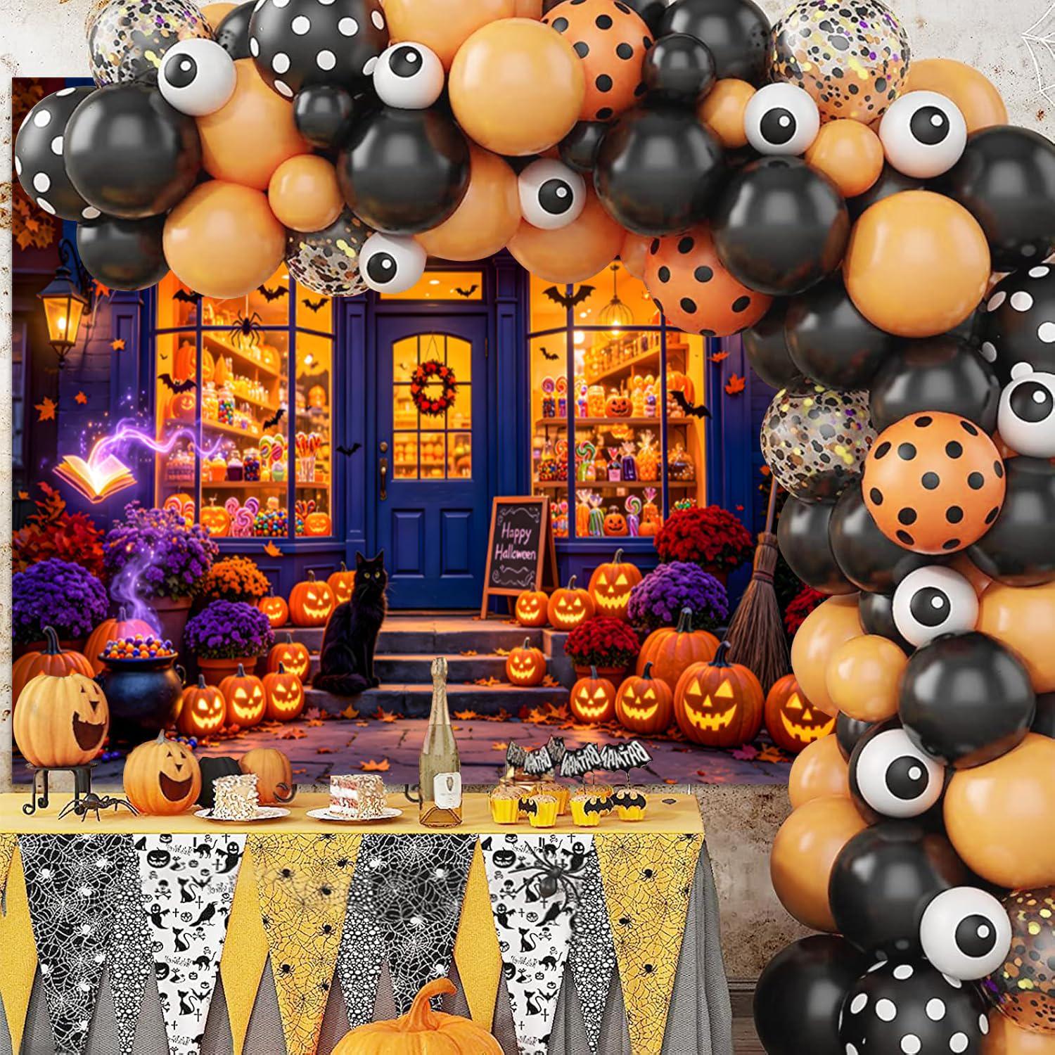 10x8ft Halloween Candy Shop Backdrop, Black Cat Pumpkin Lantern Store Photo Background (Vinyl)