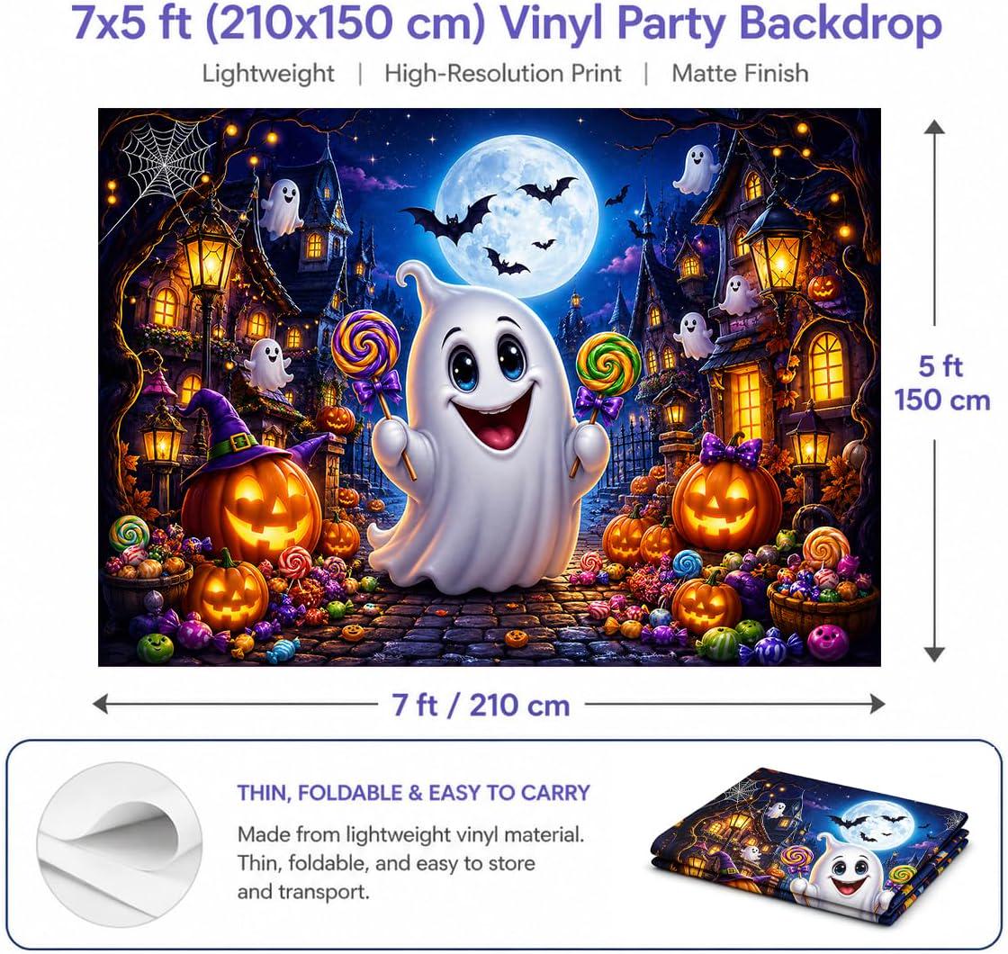Halloween Party Backdrop, Ghost Pumpkin Candy Scene (7x5ft Vinyl)