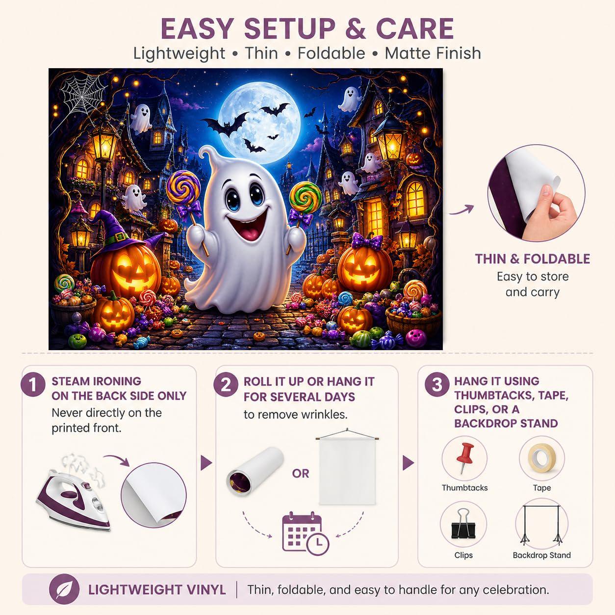 Halloween Party Backdrop, Ghost Pumpkin Candy Scene (7x5ft Vinyl)