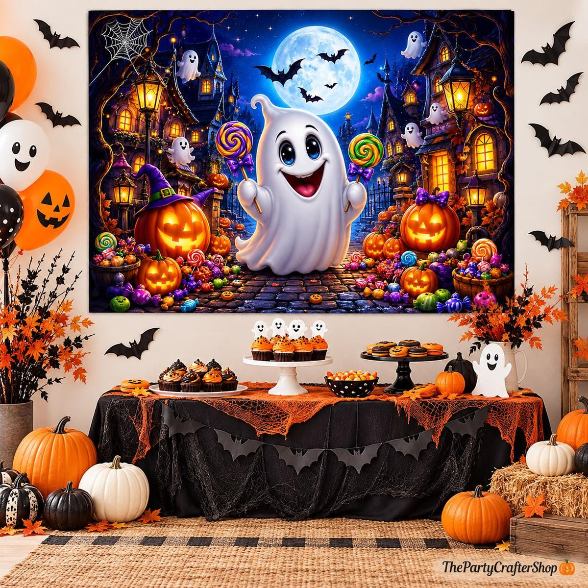 Halloween Party Backdrop, Ghost Pumpkin Candy Scene (7x5ft Vinyl)