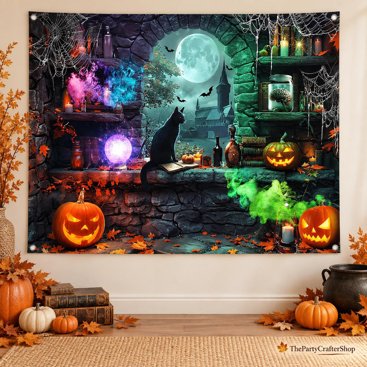 7x5ft Halloween Witch Backdrop, Magic Moon Night Pumpkin Lantern Castle Photo Booth Banner (Polyester)