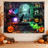 7x5ft Halloween Witch Backdrop, Magic Moon Night Pumpkin Lantern Castle Photo Booth Banner (Polyester)