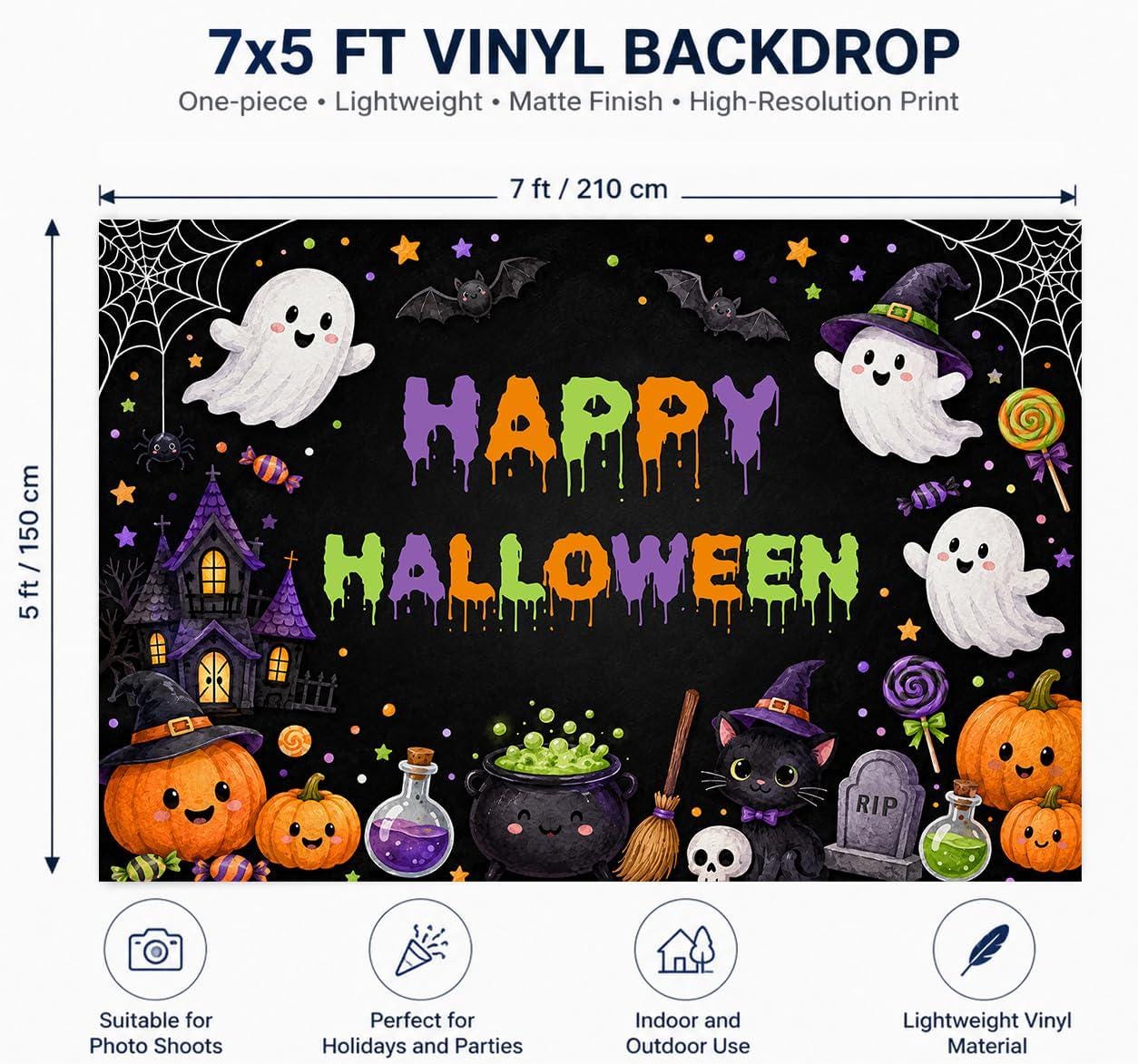 Happy Halloween Vinyl Backdrop, Spooky Ghost Party Photo Booth Decor (7x5ft)