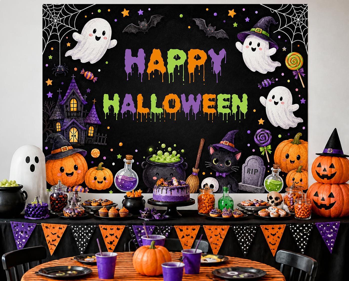 Happy Halloween Vinyl Backdrop, Spooky Ghost Party Photo Booth Decor (7x5ft)