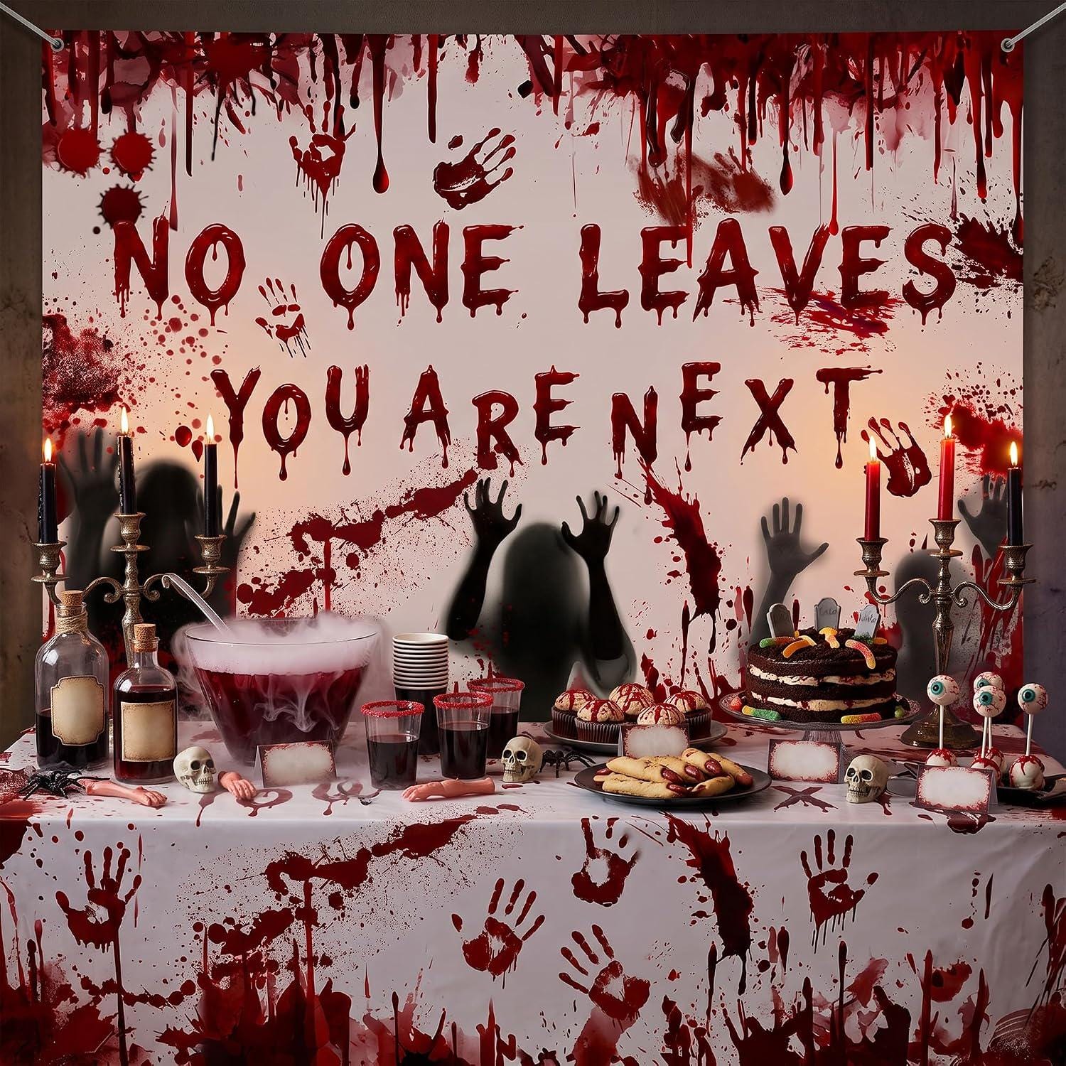 Halloween Horror Backdrop, Bloody Handprint Banner, Polyester Party Decor (7x5 FT)