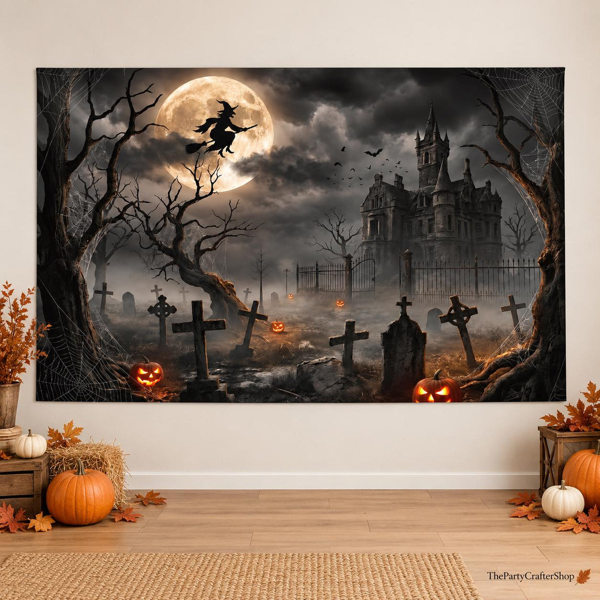 Spooky Witch Castle Halloween Backdrop, Gothic Moon, Graveyard Party Banner (71x43inch)