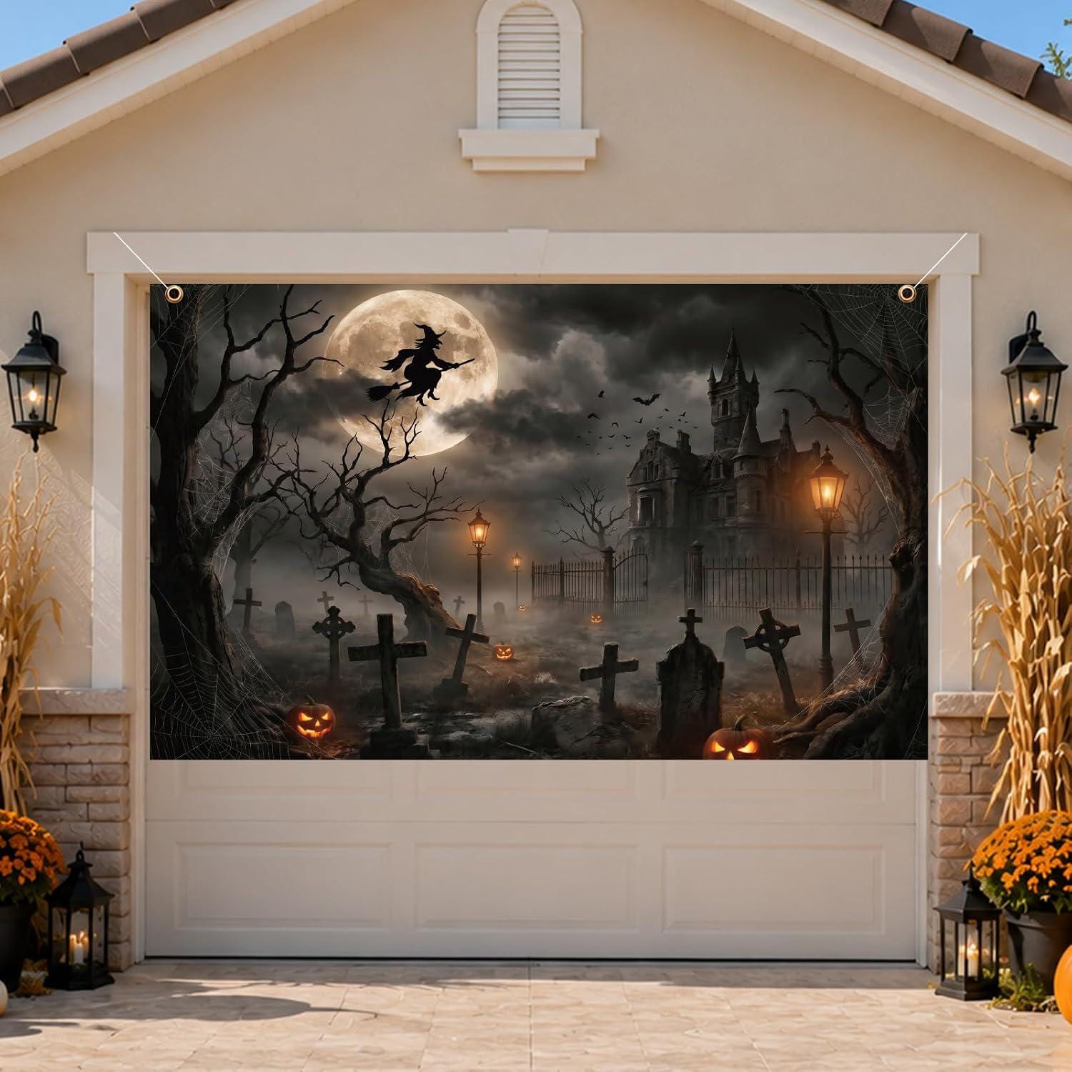Spooky Witch Castle Halloween Backdrop, Gothic Moon, Graveyard Party Banner (71x43inch)