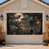 Spooky Witch Castle Halloween Backdrop, Gothic Moon, Graveyard Party Banner (71x43inch)