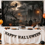 Spooky Witch Castle Halloween Backdrop, Gothic Moon, Graveyard Party Banner (71x43inch)