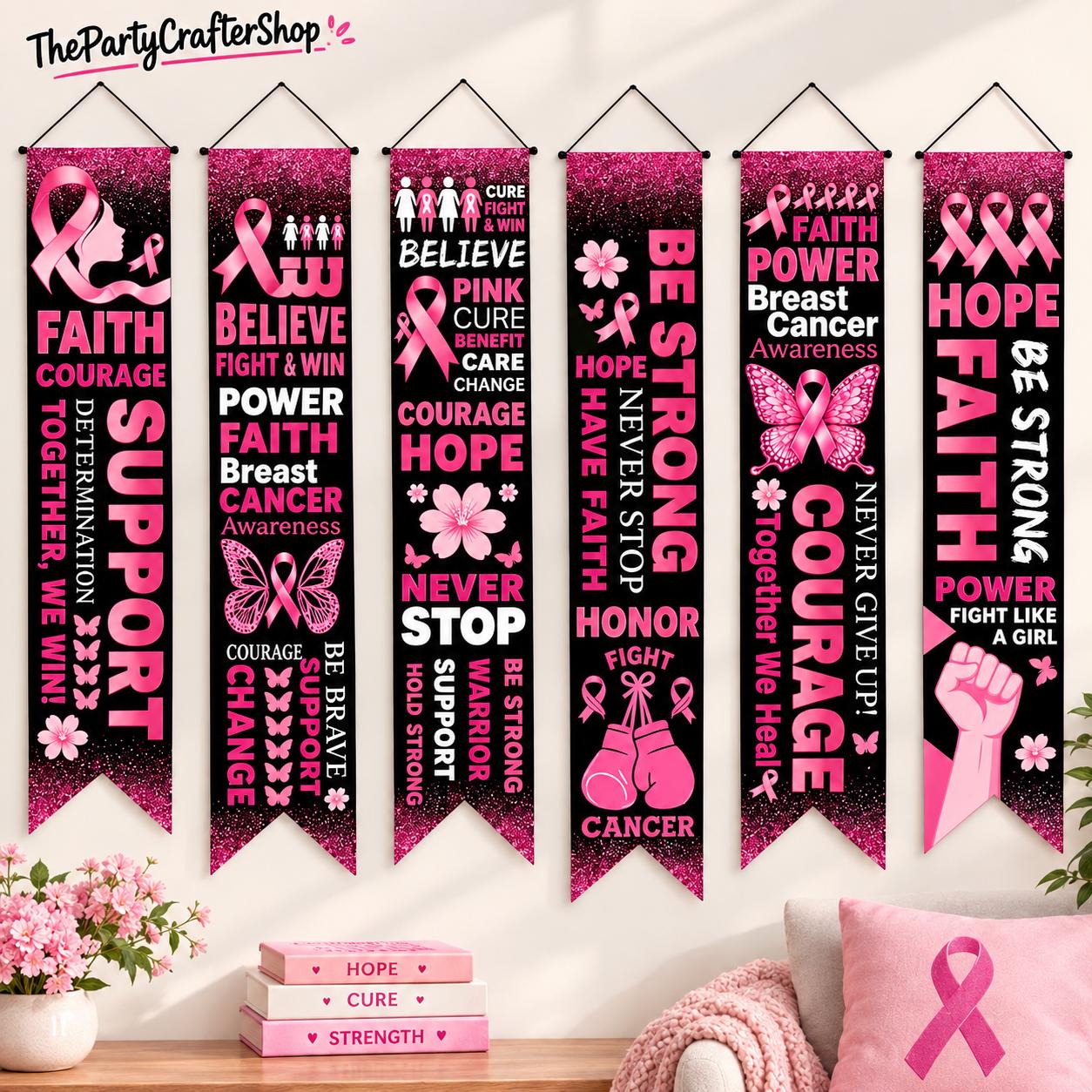 61 Inch Pink Ribbon Breast Cancer Awareness Banners, October Decor (6 Pcs)