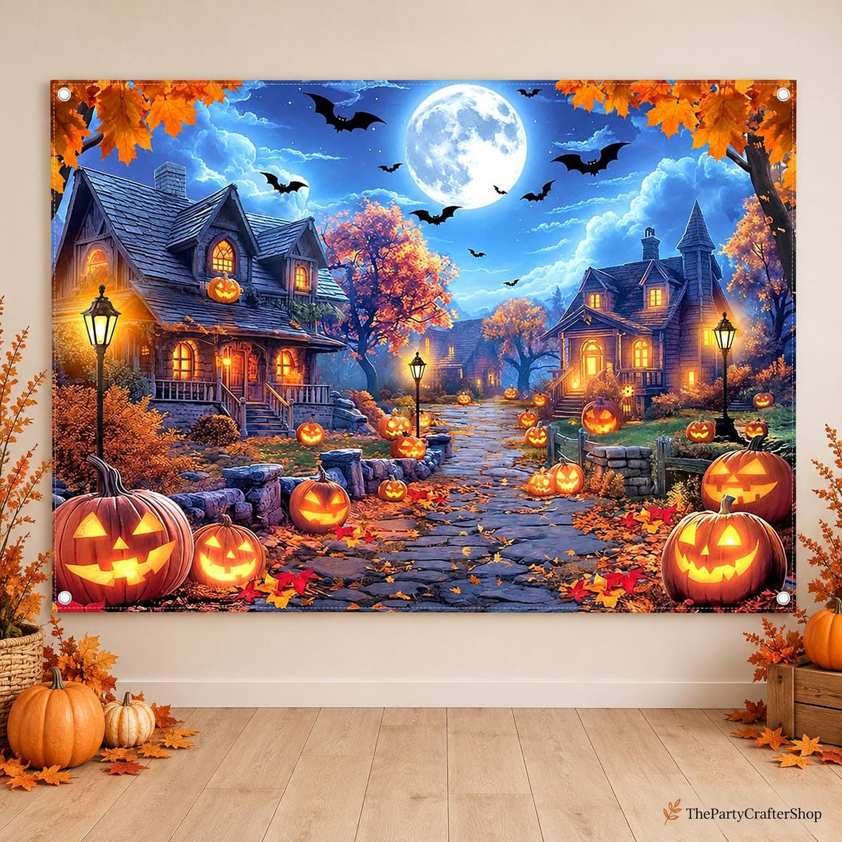 Halloween Full Moon Night Backdrop, Pumpkin Lantern Street Scene (7x5ft Polyester)