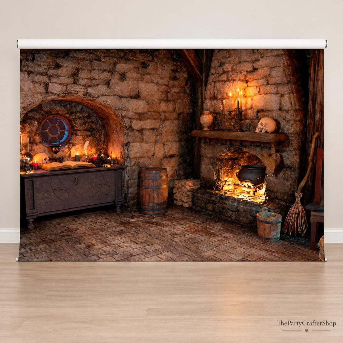 Spooky Witch Cottage Backdrop, Halloween Magic Room, Fireplace Potion Books (7x5ft)