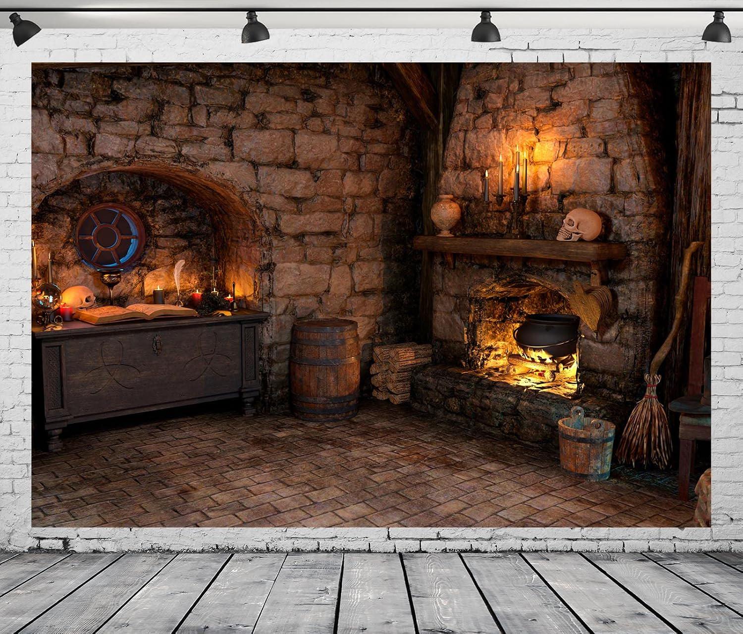 Spooky Witch Cottage Backdrop, Halloween Magic Room, Fireplace Potion Books (7x5ft)