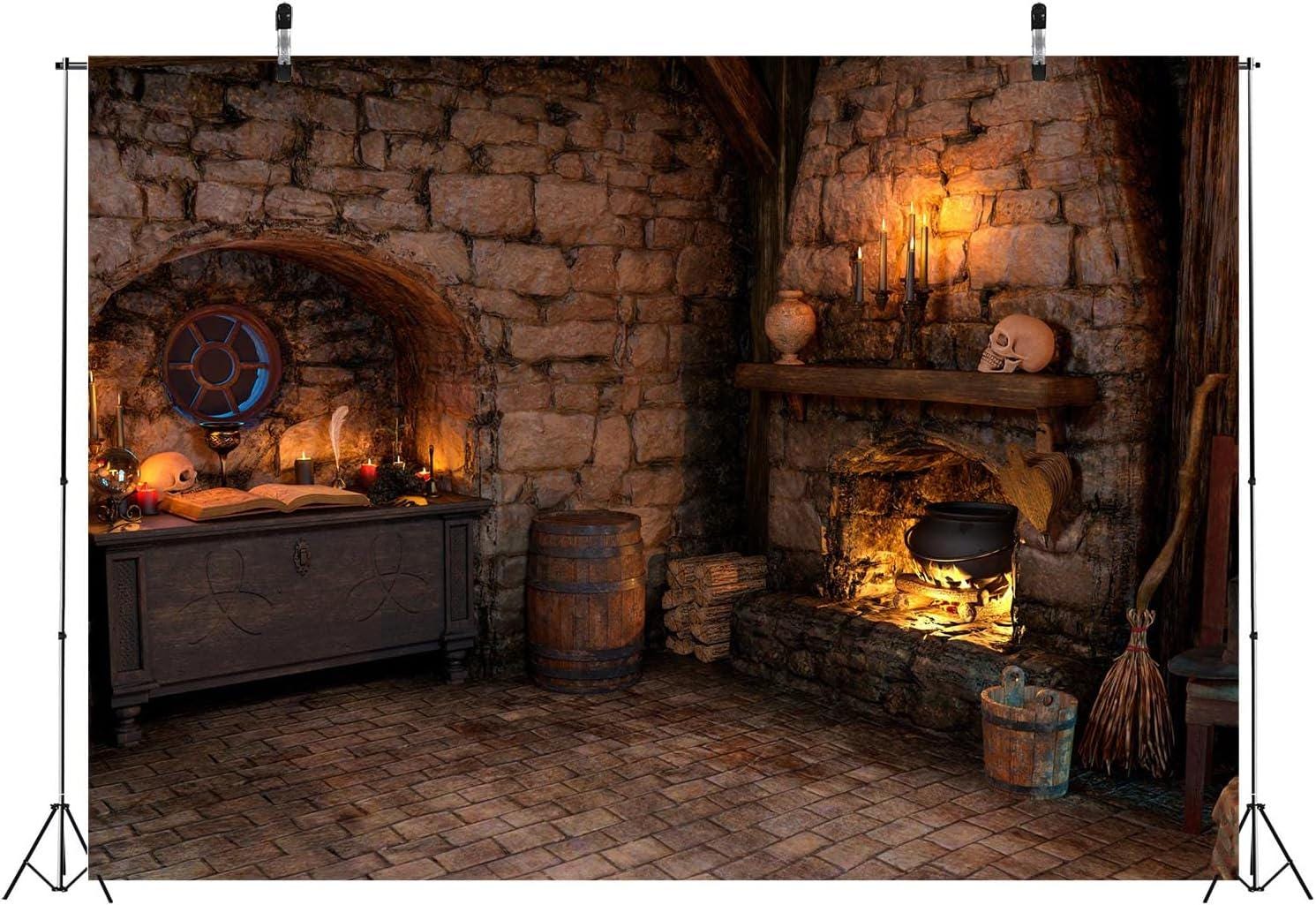 Spooky Witch Cottage Backdrop, Halloween Magic Room, Fireplace Potion Books (7x5ft)