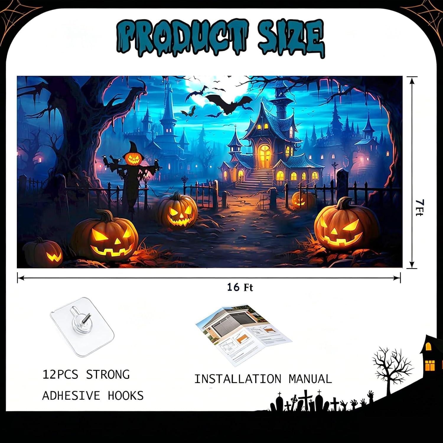 7x16ft Halloween Garage Door Banner, Spooky Moonlit Night Backdrop (Outdoor Decor)