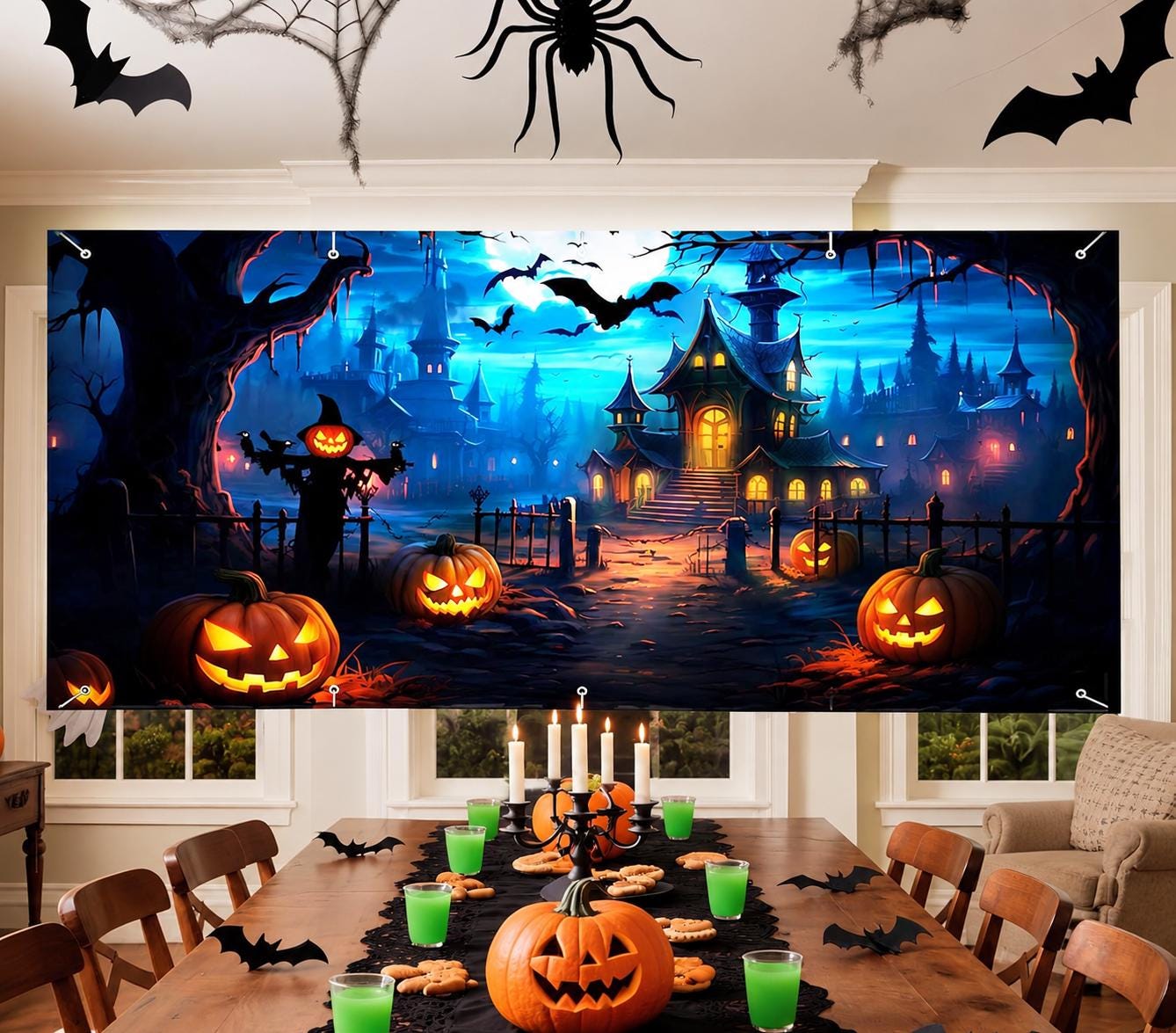 7x16ft Halloween Garage Door Banner, Spooky Moonlit Night Backdrop (Outdoor Decor)