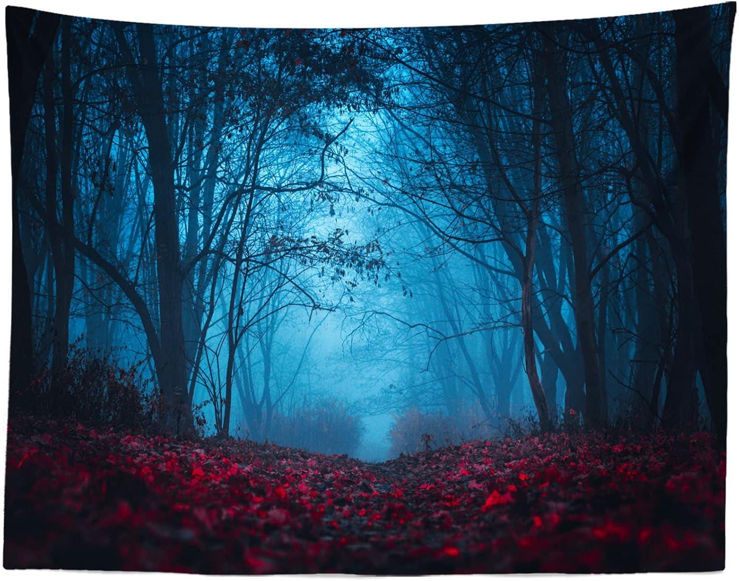 7x5ft Foggy Forest Halloween Backdrop, Dark Horror Park, Red Leaves, Spooky Party Decor