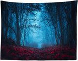 7x5ft Foggy Forest Halloween Backdrop, Dark Horror Park, Red Leaves, Spooky Party Decor