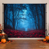 7x5ft Foggy Forest Halloween Backdrop, Dark Horror Park, Red Leaves, Spooky Party Decor