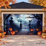 Large Halloween Cemetery Backdrop, 8x16 ft Polyester Outdoor Decor (8 Holes, 4 Ropes)