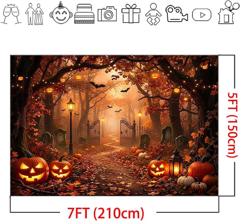 7x5ft Halloween Forest Backdrop, Spooky Street Scene, Jack O Lanterns, Bats, Tombstones (Polyester Fabric)
