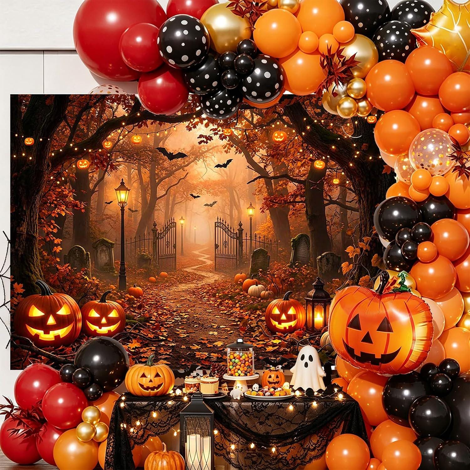 7x5ft Halloween Forest Backdrop, Spooky Street Scene, Jack O Lanterns, Bats, Tombstones (Polyester Fabric)