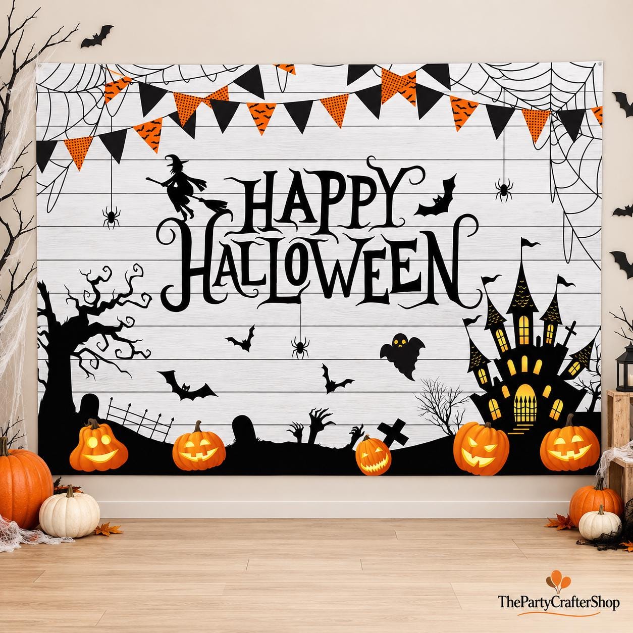 7x5FT Halloween Backdrop, White Wood Spider Web Pumpkin Banner, Bats Witch Haunted House Photo Booth Kids Party Wall Decor
