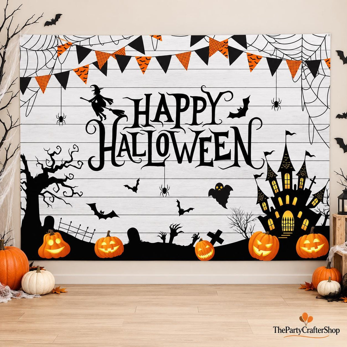 7x5FT Halloween Backdrop, White Wood Spider Web Pumpkin Banner, Bats Witch Haunted House Photo Booth Kids Party Wall Decor