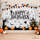 7x5FT Halloween Backdrop, White Wood Spider Web Pumpkin Banner, Bats Witch Haunted House Photo Booth Kids Party Wall Decor