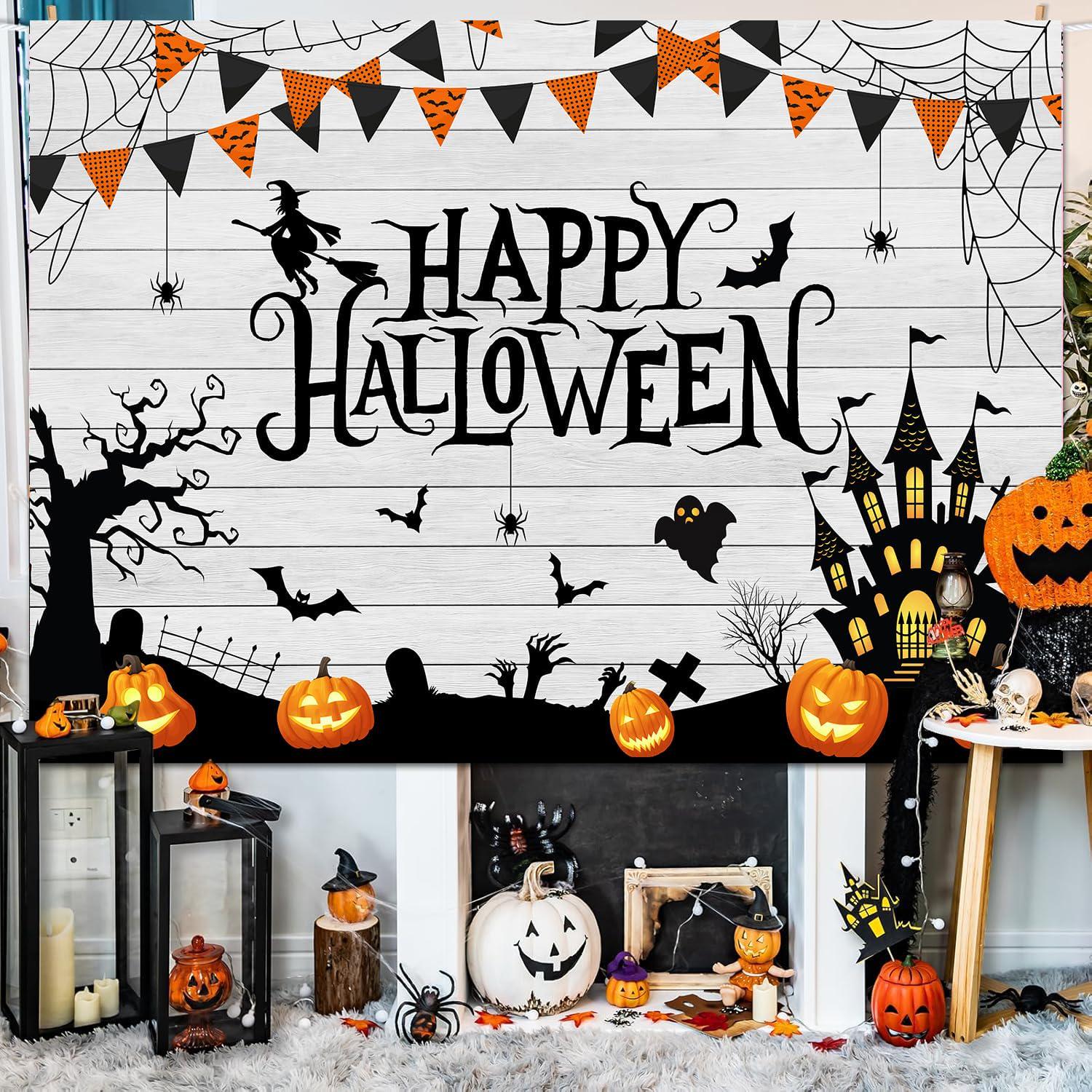 7x5FT Halloween Backdrop, White Wood Spider Web Pumpkin Banner, Bats Witch Haunted House Photo Booth Kids Party Wall Decor