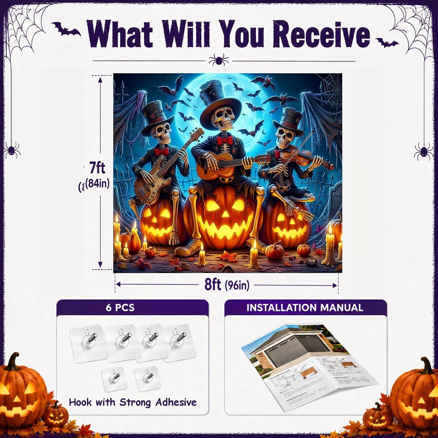 7x8 ft Halloween Garage Door Cover, Skeleton Band Horror Night Backdrop (Outdoor Indoor)