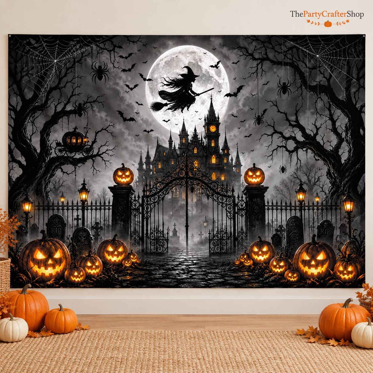 Gothic Halloween Backdrop, Spooky Cemetery, Haunted House, Pumpkins (10x8ft)