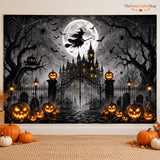 Gothic Halloween Backdrop, Spooky Cemetery, Haunted House, Pumpkins (10x8ft)