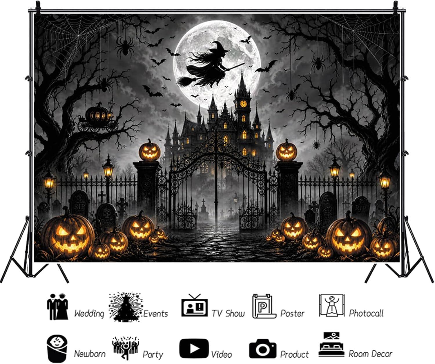 Gothic Halloween Backdrop, Spooky Cemetery, Haunted House, Pumpkins (10x8ft)