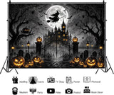 Gothic Halloween Backdrop, Spooky Cemetery, Haunted House, Pumpkins (10x8ft)