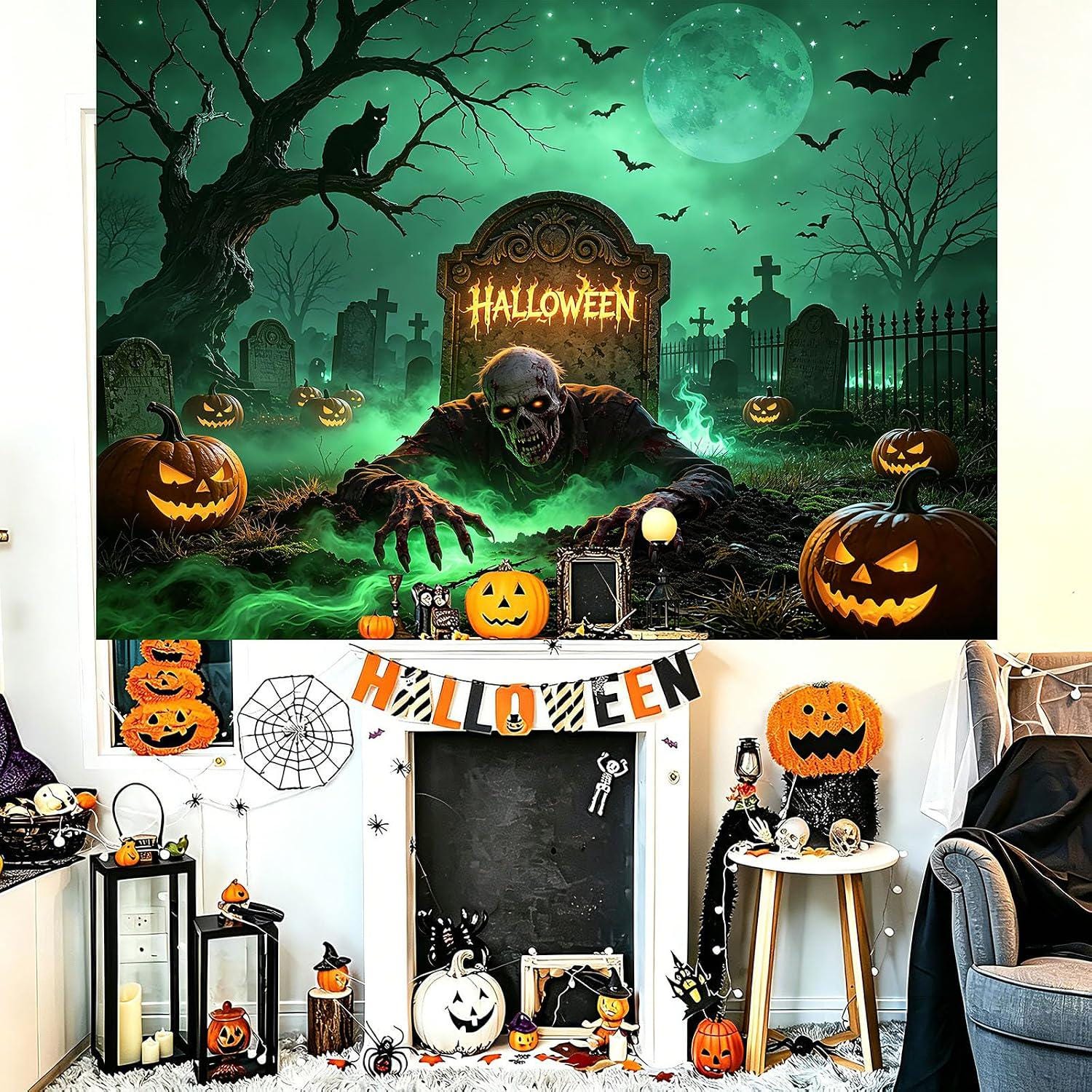 10x8FT Halloween Cemetery Backdrop, Spooky Graveyard Full Moon Tombstone Bats Cat Pumpkin Vinyl Photo Background (Party Decor)