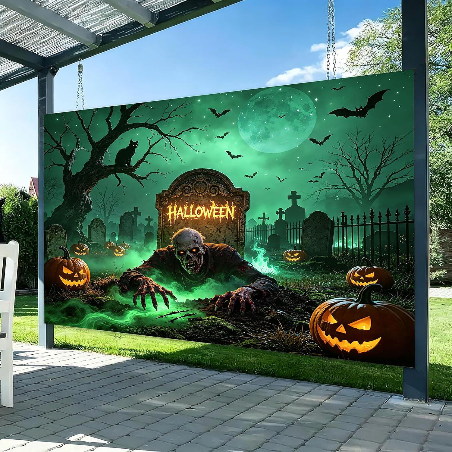 10x8FT Halloween Cemetery Backdrop, Spooky Graveyard Full Moon Tombstone Bats Cat Pumpkin Vinyl Photo Background (Party Decor)