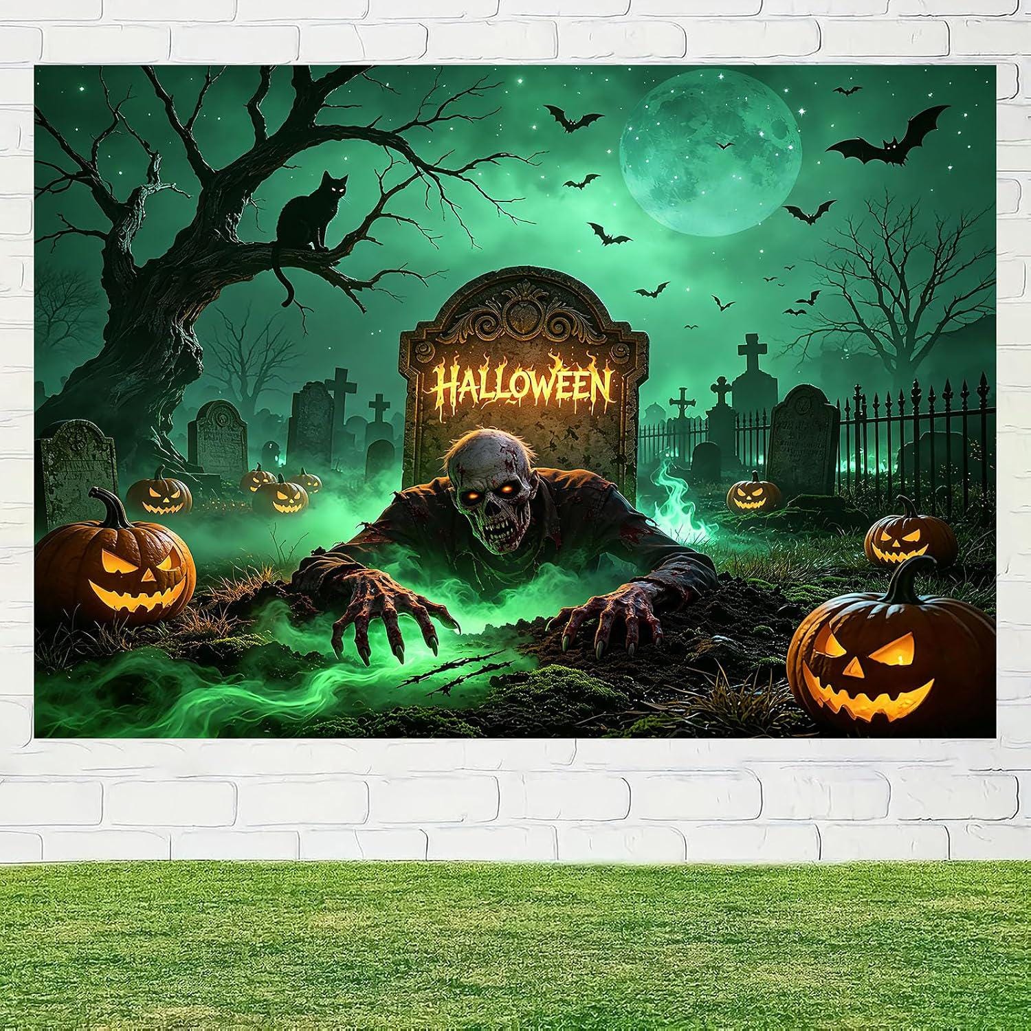 10x8FT Halloween Cemetery Backdrop, Spooky Graveyard Full Moon Tombstone Bats Cat Pumpkin Vinyl Photo Background (Party Decor)
